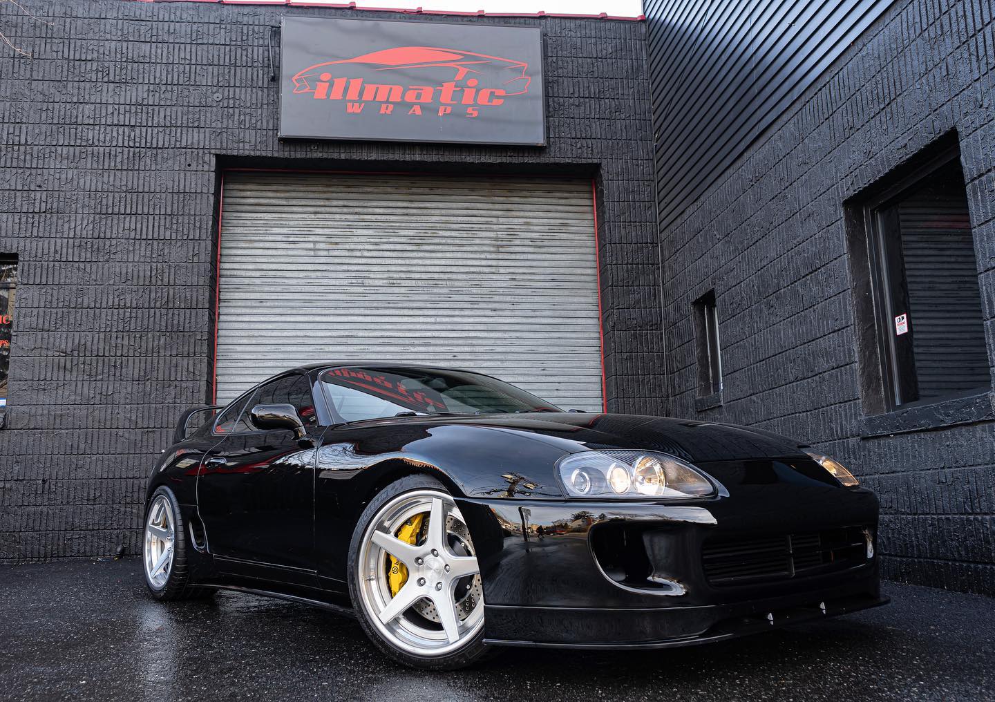 Front end of a supra, car wrap supra, installed.