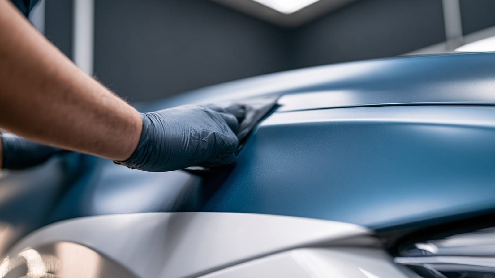 Installer smoothing blue vinyl wrap film over a white car panel, the original white paint still visible below the film edge