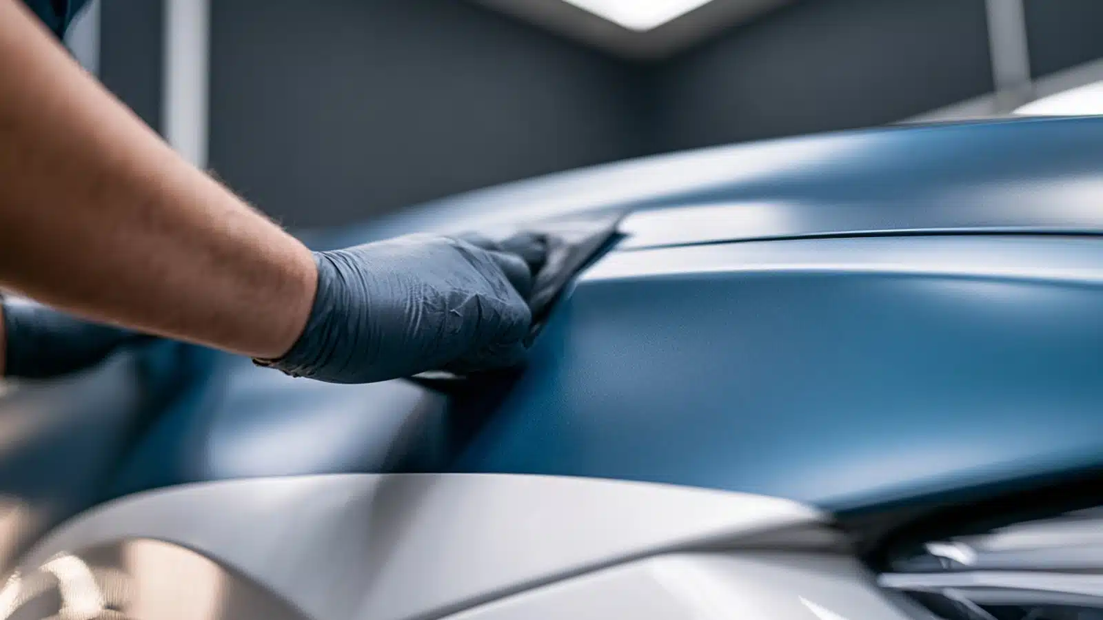 Installer smoothing blue vinyl wrap film over a white car panel, the original white paint still visible below the film edge