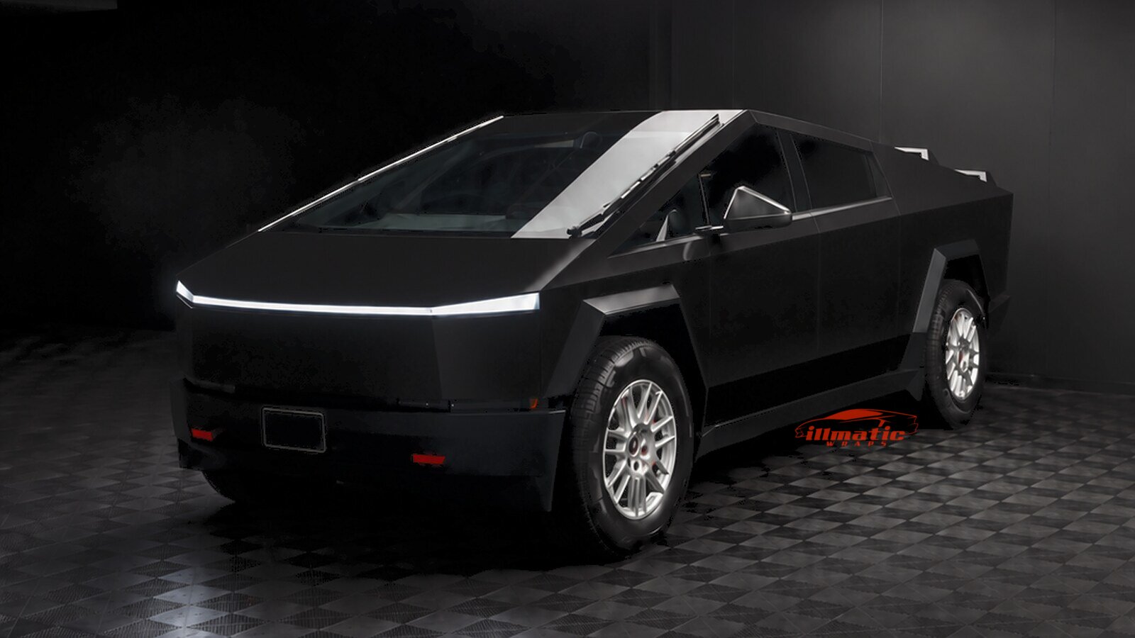 Tesla Cybertruck wrapped in matte black film in the illmatic Wraps shop in Hackensack, NJ