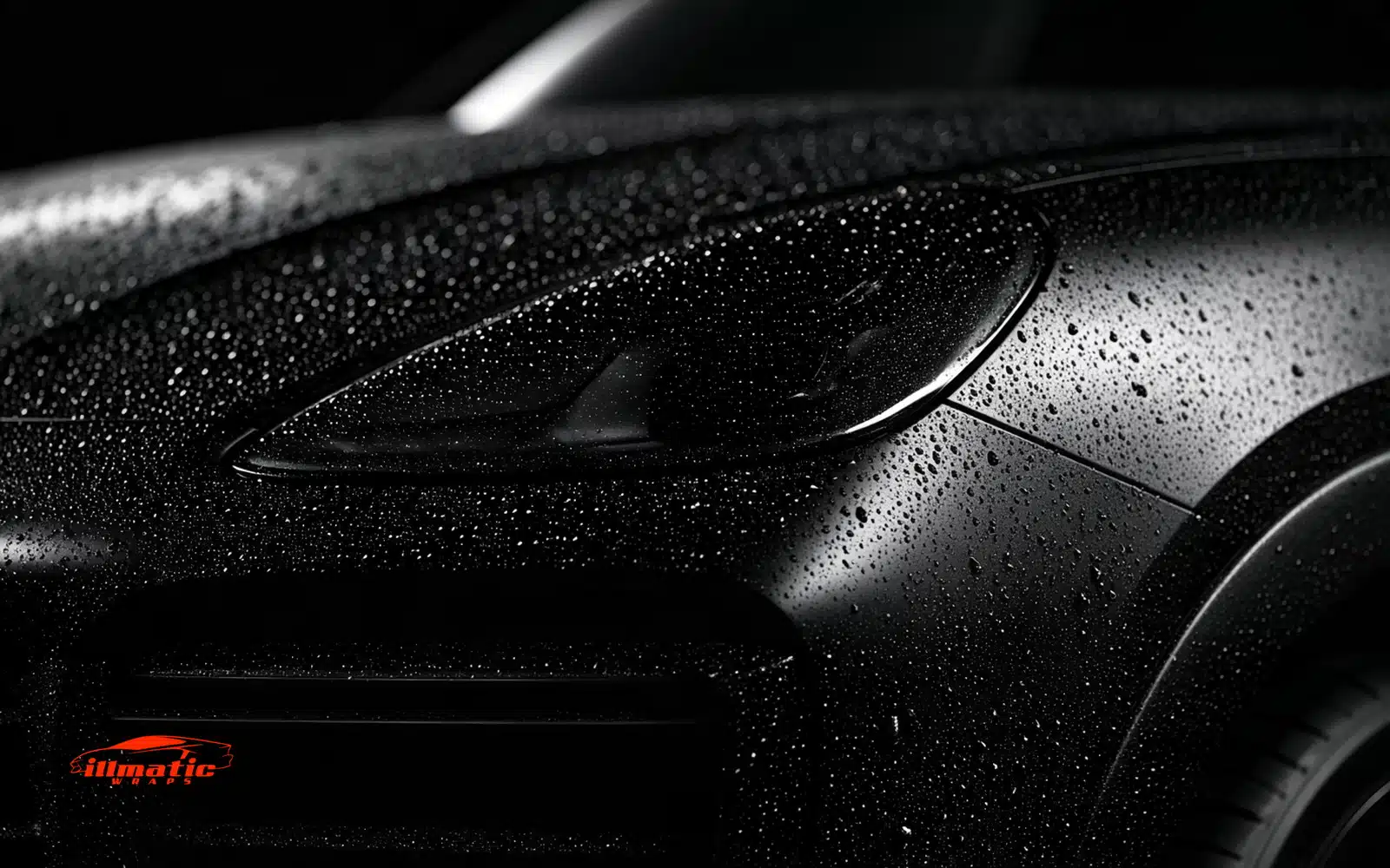 Water beading into round droplets on a satin black wrapped car panel